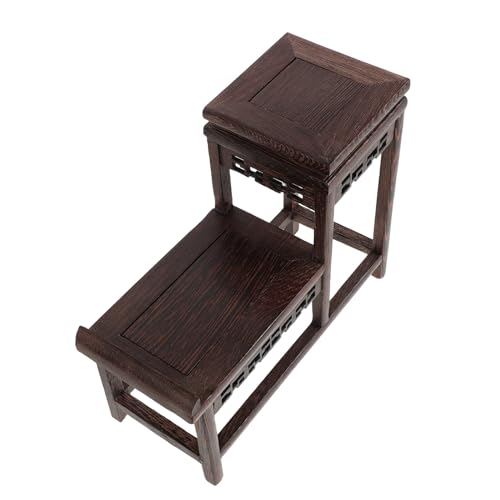 TOYANDONA Base de Madera de Chaca para Exhibición Soporte Pequeño de Dos Niveles Tallado a Mano Pedestal Vintage para Bonsáis Jarrones y Figuras Adecuado para Decoración de Hogar
