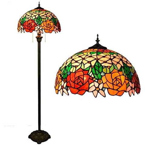 Yjmgrowing 16-Inch Tiffany Style Floor Lamp in Vintage Rose Design Stained Glass Table Desk Standing Lighting for Living Room Bedroom Antique Set Lighting with Foot Switch,E27×2,40W,220v,16inch Cover