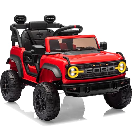 Image of First Ride On Ford Bronco Raptor Licensed 12V Ride on Toys, Kids Ride on Car with Remote Control, Electric Car for Toddler with Smooth Start, Openable Doors, MP3 Player, 3 Speeds (12V, Red)