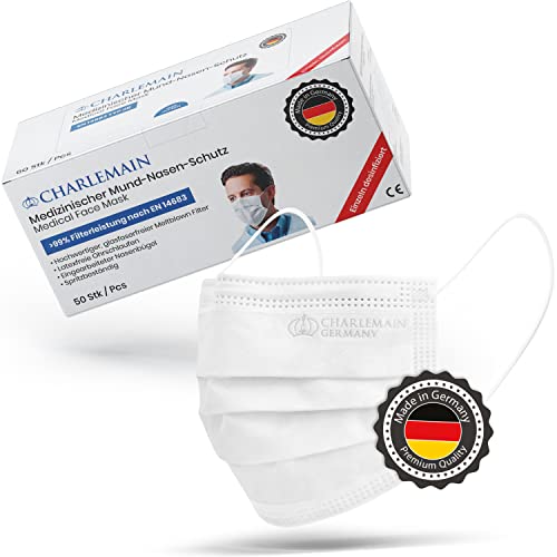 Charlemain 50 Piezas Mascarilla quirúrgica, EN 14683 tipo IIR, protección médica de la boca y la nariz, BFE  99%, 3 capas, resistente a las salpicaduras, inodoro, sin látex, Blanca