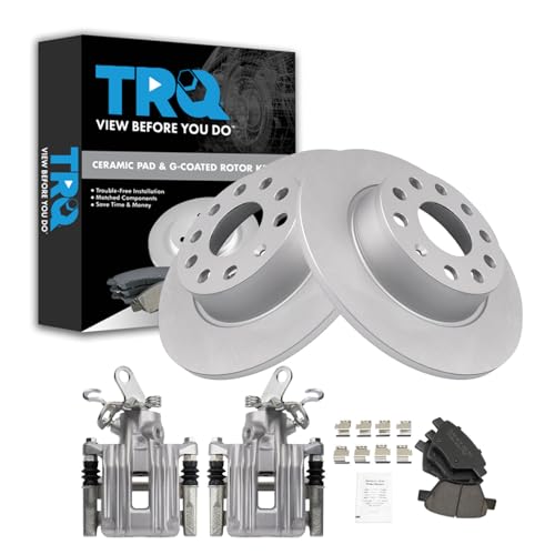 Image of TRQ Rear Brake Pad and Rotor Set Ceramic Solid Rotors Calipers | For 2010-2014 Volkswagen Golf Jetta 2010-2016 Eos 2012-2015 Passat 2012-2014 Beetle 2010-2013 Audi A3 A3 Quattro