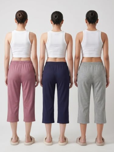 Image of Fflirtygo Women's Cotton Plain Calf Length Capri | Nightwear Pajama | 3 /4th Solid Pyjama Pant | Black Navy and Lavender Lounge Pants | Casual wear & Lounge Wear Capri Combo (Pack of 3)