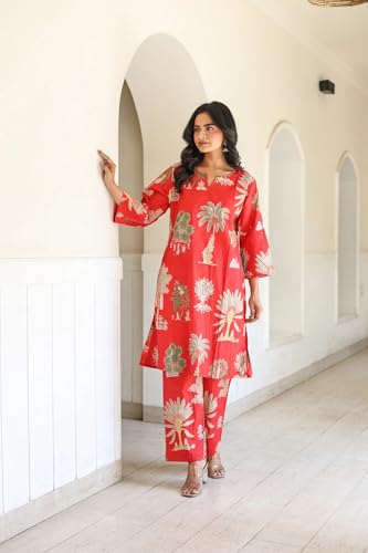 Image of LookMark Women's Viscose Rayon Printed Stitched Kurta with Pant | Red Color Kurta Set | Kurta with Pant Set for Woman | Printed Kurta Set