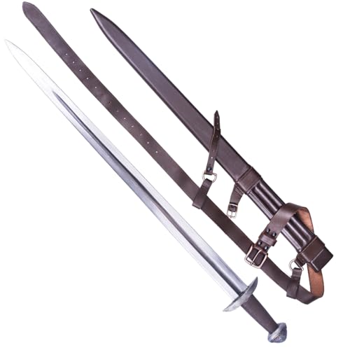Norse Tradesman Spring Steel Viking Sword - Fully Functional with Single Handed Grip and Premium Leather Belt & Wooden Scabbard - 10th Century British Isles Design - Keurnbut