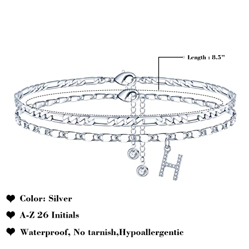 Image of Ursteel Ankle Bracelets for Women, 14K-Gold-Plated Dainty Layered Chain CZ Initial Anklets Set Summer Jewelry Gifts for Women