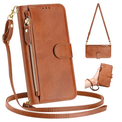 Étui iPhone 14 cuir marron avec fermeture éclair portefeuille et bandoulière