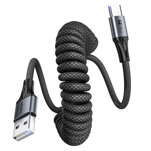 SUNGUY Câble Spiralé USB C, 2 Pièces 1.5m 【Extensible: 0.4–0.8m】 Câble USB vers USB C Tressé et Câble de Données pour Android Auto, Carplay, iPhone 16/15 Plus Pro, Galaxy S25, MacBook, Google Pixel