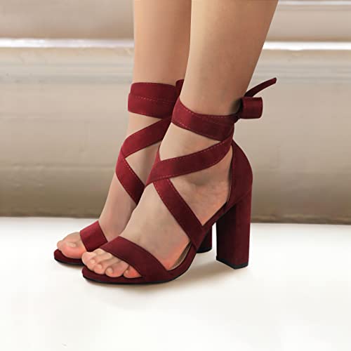Image of Strappy Heels for Women Chunky Heels High Heeled Sandals with Lace Up Fahsion Casual Nude Block Heel Sandals