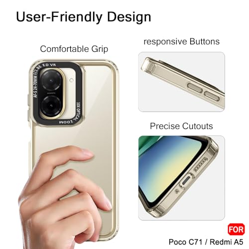 Image of TheGiftKart Hybrid Shockproof Back Cover Case for Poco C71 / Redmi A5 | Stylish Camera Border | Electroplated Buttons | Crystal Clear Hard Back Cover Case (TPU & PC, Transparent Bumper)