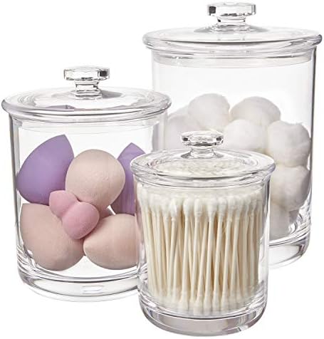 STORi 3-Pack Premium Quality Qtip and Cotton Ball Holders | 15-oz, 30-oz, and 60-oz Clear Plastic Apothecary Jars with Lids | Perfect Containers for Bathroom and Vanity | Set of 3