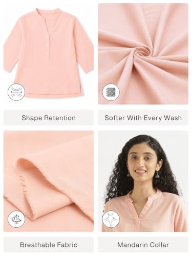 Image of SAADAA Women Short Kurti Airy Linen Regular Fit Kurta with 3 /4th Sleeves, Mandarin Collar, Side Slit Perfect for Casual, Formal, and Ethnic Wear