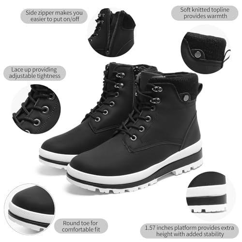 kufeiti Women's Waterproof Fur Lined Winter Boots Platform Black Combat Non Slip Boots with Side Zipper Snow Ankle Boots for Outdoor Hiking Work2