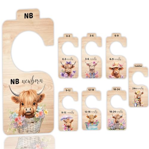 Image of utrwooy Highland Cow Baby Closet Organizer Dividers，Adorable Baby Clothes Dividers for Newborn Nursery Decor Stuff - Set of 8 from 0-24+Months