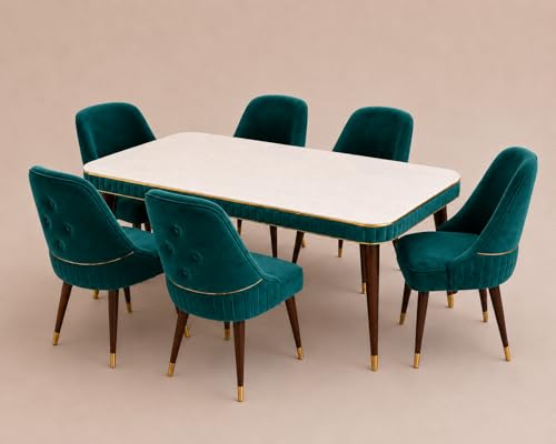 Image of WOODEN SPACE 6-Seater Wooden Dining Table Set | Nano Composite Marble Top | Solid Wood Base | Modern Dining Room Furniture with 6 Chairs (Sea Blue Grand Aura)