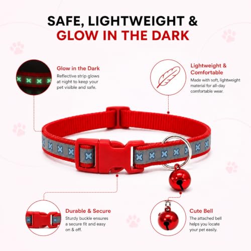 Image of Adjustable Stylish Dog & Cat Collar | 10mm Durable Comfortable Pet Collar with Bell | Ideal for Small & Medium Pets Cotton Candy (Bone Printed Radium Collar) (Red, Pack of 2)