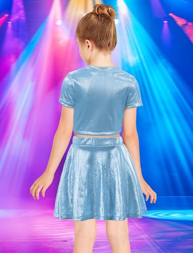 Image of Happy Cherry Kid Girl Shiny Skirt and Top Set 2 Piece Texture Ribbed Metallic Disco Rave Cheer Outfit 4-12T