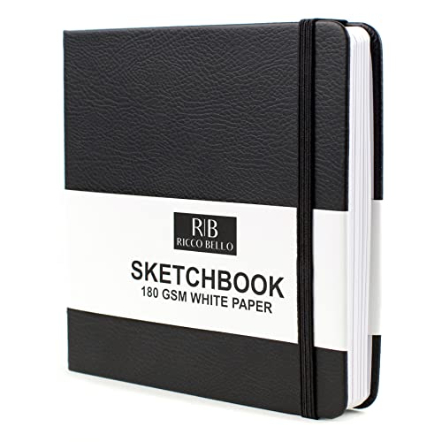 RICCO BELLO Hardcover Square Sketchbook, Vegan Friendly Faux Leather Sketch Journal, 5.5 x 5.5 inch, 128 Pages, 180 GSM Paper, Band Closure - Ideal for Pen, Pencils, Graphite, Charcoal (Black)