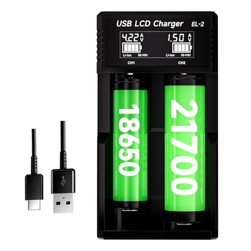 18650 Battery Charger 2 Bay LCD Display Universal Charger for 3.7V/3.6V Li-ion Batteries 26650 21700 18650 16340(RCR123) 14500 10400 1.2V Ni-MH/Ni-Cd AA AAA Batteries(Battery not Included)