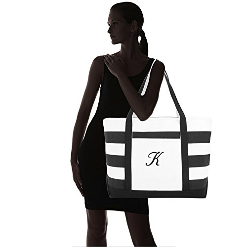 DALIX Striped Beach Bag Tote Bags Canvas Personalized Black Ballent Letter A - Z miniatura 7