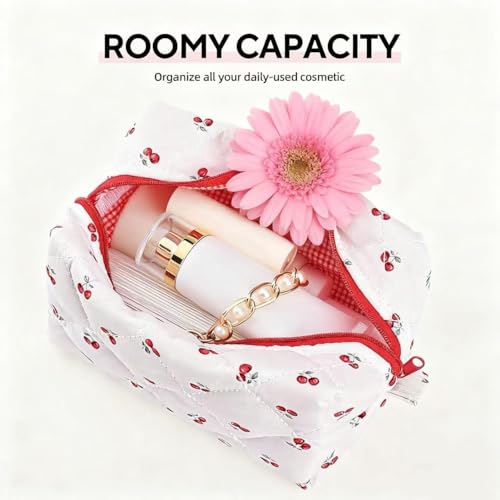Image of Floral Quilted Makeup Bag - Cosmetic and Skincare Product Pouch, Fashionable Travel Puffy Coquette Makeup Bag, Small Cute Cherry Design