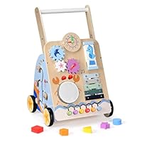 Lauflernwagen Holz, Lauflernwagen Baby Lauflernhilfe mit Rädern & Bauklötzen Spielgeräte Aktivitätszentrum Set, Multifunktion Baby Walker Spielzeug Geschenk für Kleinekinder Kinder 10 Mon. - 1-2 Jhr.