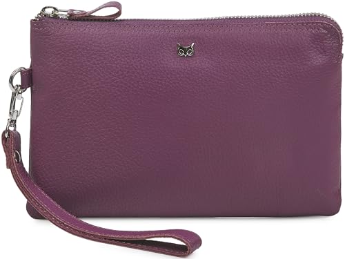 Wise Owl Accessories Genuine Leather Wristlet Wallet for Women Clutch Handbag Purses for Cell Phone Keys Coins Credit Card Slots (Amethyst Nappa)