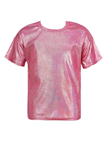 Oyolan Kids Girls Boys Metallic Shinny Athletics Short Sleeves Dance Crop Tops Hip Hop Street Performance Costume Rose Red 9-10 Years #TOP24