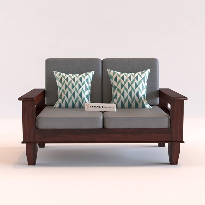 Image of Sheesham Wooden 2 Seater Sofa for Living Room | Rosewood 2 Seater Cushion Sofa with Side Newspaper Holder for Home & Office | Solid Wood Sofa Set for Lounge (Mahogany Finish)
