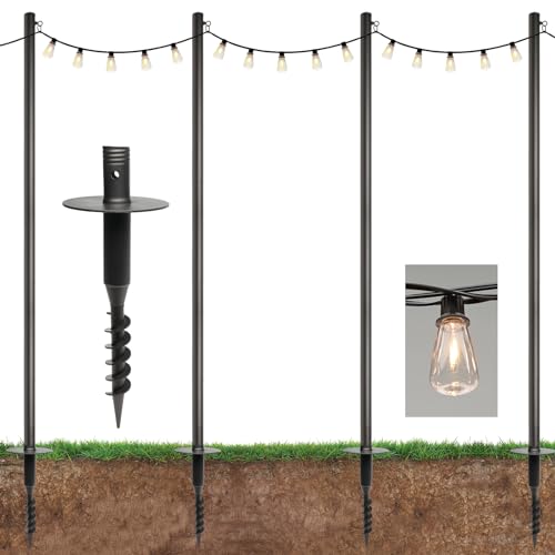 EXCELLO GLOBAL PRODUCTS Premium String Light Pole 4 Pack with 100' of LED Edison Bulb String Lights (Yard Mount)