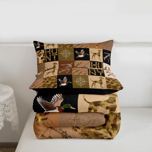 Image of Feelyou Mallard Duck Hunter Comforter Set Queen Size for Boys Teens Kids,Camouflage Deer Duck Hunt Theme Bedding Sets Hunting Camo Quilt Men Retro Room Decor