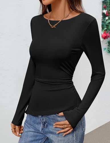 Image of ZESICA Womens Floral Long Sleeve Shirts 2026 Spring Boat Neck Mesh Ruched Tops Fitted Asymmetrical Going Out Blouses