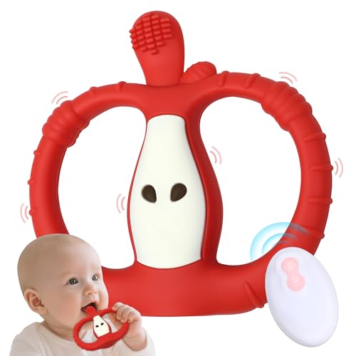 Vibrating Teether for Baby with Remote Control - Chewy Sensory Toy for Teething & Autism 10-Speed Vibration Modes USB Rechargeable Food Grade Silicone Teether for Sensory Seekers (Red)