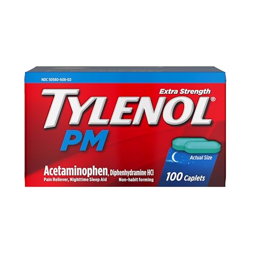 Tylenol PM Extra Strength Nighttime Pain Reliever & Sleep Aid Caplets, Fast, Strong Pain Relief, 500 mg Acetaminophen & 25 mg Diphenhydramine HCl, Non-Habit Forming Medicine for Aches & Cramps, 100 Ct