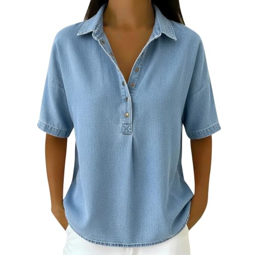 Denim Shirt Women Retro Collared Short Sleeve Button Down Jean Shirt Comfy Lightweight V Neck Denim Tunic Top Jean Blouses for Women Dressy Casual Basic Jeans Tops Outfits 2026 Vneck Tshirts Shirts