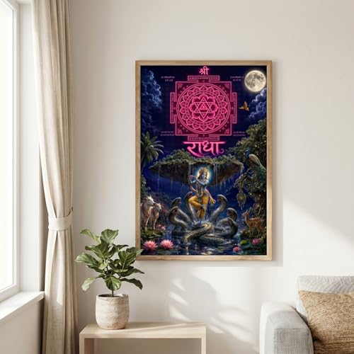 Image of Livin'luxe Radha Krishna Shree Yantra Wall Painting for Living Room Bedroom Pooja Room Decor with Premium Wooden Color Synthetic Frame, Spiritual Hindu Art Gift (13.5 x 19.5) NM01-4084