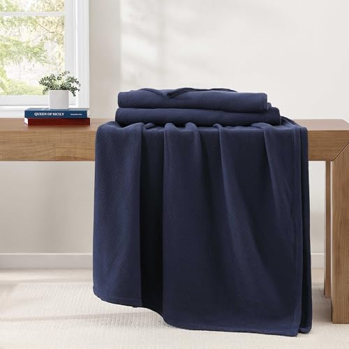 Image of Tommy Hilfiger - Queen Cotton Blanket, Textured Pique Weave Bedding, Medium Weight Soft Blanket, Anti-Pilling & Fade Resistant, Ideal for Layering, Oeko-TEX Certified (Navy)