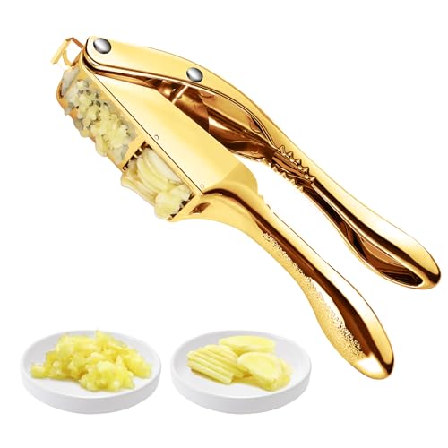 Garlic press and slicer 2 in 1,Effortlessly Crush, Slice, and Mince Garlic,with this Versatile Kitchen Tool - Perfect for Home Cooks and Professional Chefs Alike. (Golden)