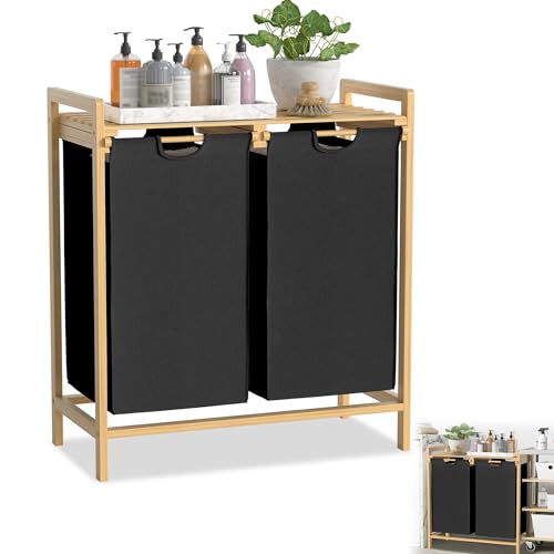 YRHome Panier à linge à cadre en bambou 2 compartiments 36L 73 x 64 x 33,5 cm Panier à linge avec étagère Sac à linge Boîte à linge en tissu Oxford Trieur à linge en bois Sacs à linge pour buanderie