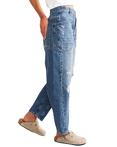Barrel Jeans for Women Ripped Mid Rise Baggy Wide Leg Jeans Distressed Stretch Denim Pants Jeans with Pockets2