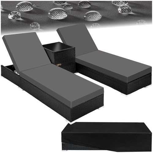 TecTake® Set de 2X Chaise Longue Bain de Soleil avec Dossier réglable + Table de Jardin en Aluminium et Resine Tressee + 2 Set de Housses + Housse de Protection...