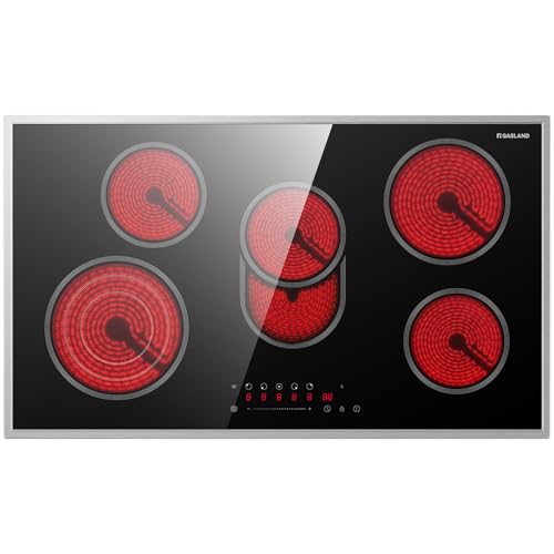 GASLAND CH905BF34B Placa vitrocerámica independiente, 90 cm, placa eléctrica empotrable con marco de acero inoxidable, 5 zonas de cocción, placa de cerámica con zona triple, zona para asador, 8500 W