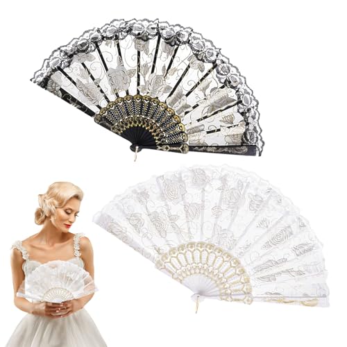 BelleVive Set di 2 ventagli Pieghevoli in Pizzo di Rose, ventaglio in Seta, ventaglio a Mano, ventaglio Pieghevole per Regalo di Nozze, Decorazione per la casa, Ideale per Feste, Danza, Nero +