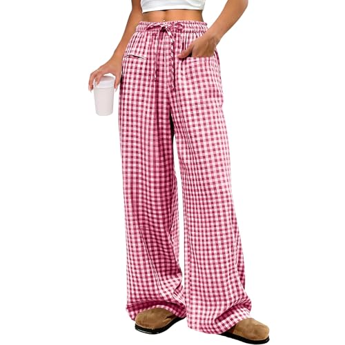 Pantalon fluide femme été à carreaux ample et léger chic