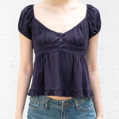 Women Fairy Crop Top Summer Teen Girl Vintage Short Sleeve Ruffle Hem Going Out Babydoll Top Y2k Shirt2