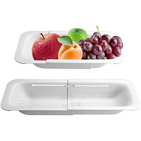 Over The Sink Colander Strainer Basket, Wash Vegetables and Fruits Food Grade Extendable Home Kitchen Essentials Drainer, Adjustable Pasta and Dry Dishes Basket for The Kitchen (White) Cover