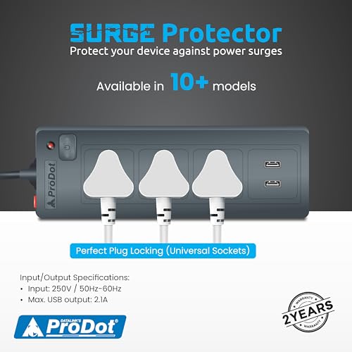 Image of Prodot 3 Universal Sockets with 2 USB Ports Surge Protector I 5m Heavy-Duty Copper Cord | Up to 2500W (250V~10A) I Automatic Overload Protection I Shock-Proof ABS Body I Home, Office & Travel Use