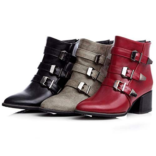 VOKLIN Women's Pointed Toe Chelsea Ankle Boots Buckle Strappy Block Heel Booties Zipper Western Short Boot4