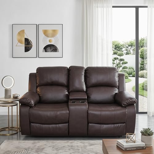 Image of Leather Power Recliner Sofa Set, Leather Recliner Couch Sets with Cup Holders, Storage Console, 2 Piece Sectional Sofa with USB Charging Port for Home Theater, Living Room, Office, Brown