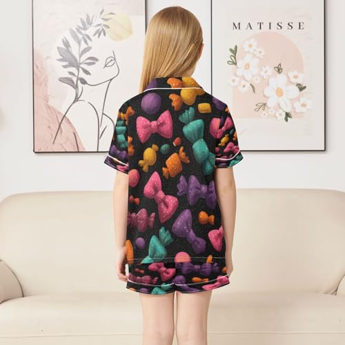 Satin Pajama Sets Short Sleeve Colorful Bow Ties on Black Button Down Silky Nightwear 2 Piece PJS 5-14Y4