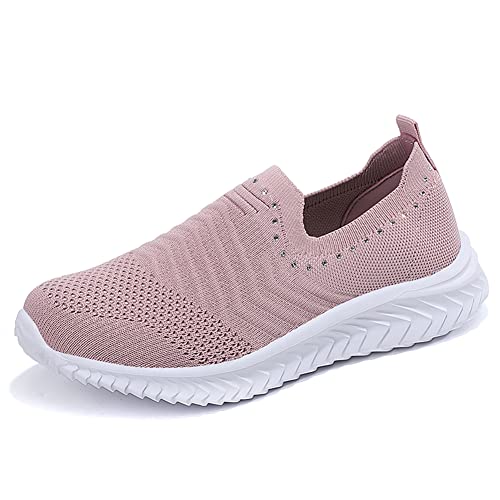 Gospt Lightweight Mesh Walking Shoes Rhinestone Slip On Mesh Knitt Sneakers Womens Pink 6 #TOP20